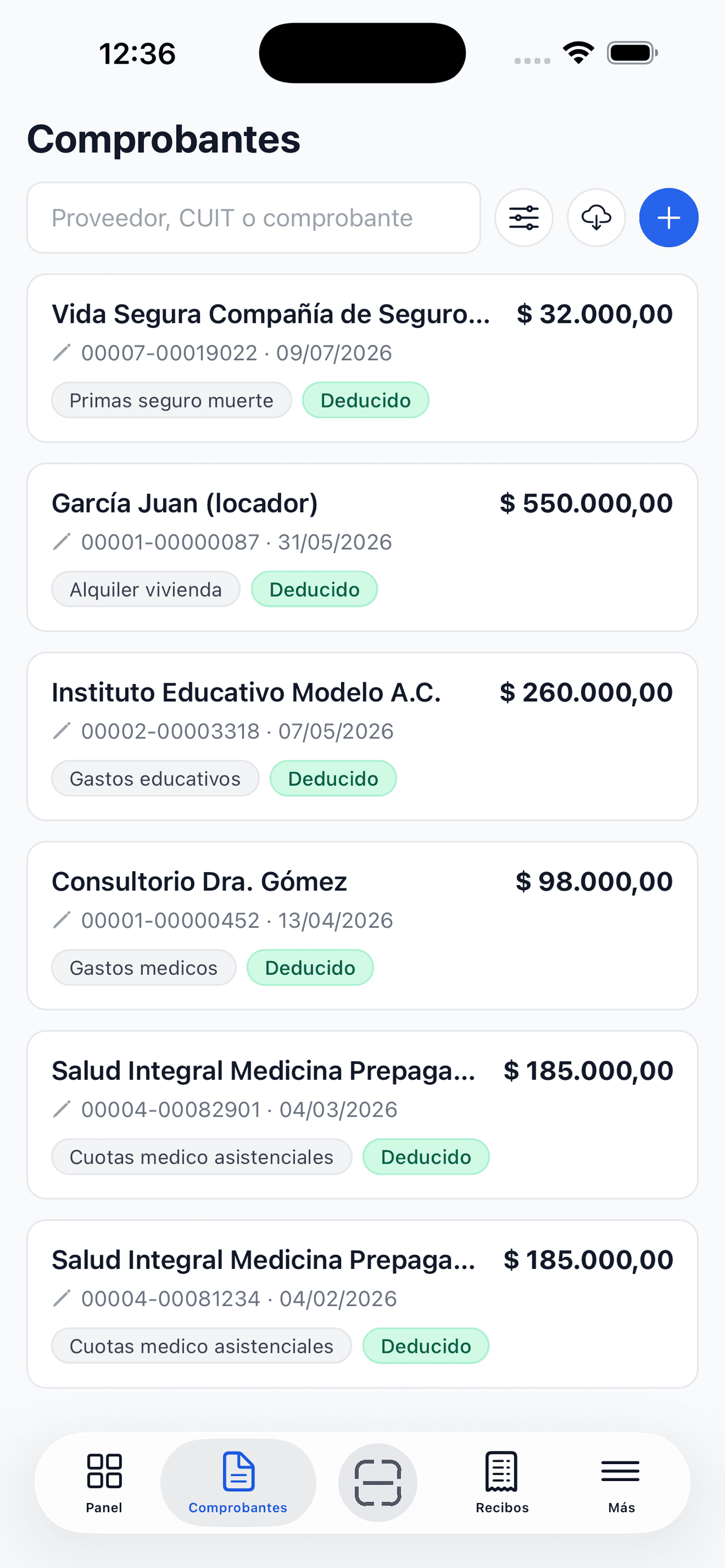 Listado de comprobantes en la app de desgrava.ar para iPhone