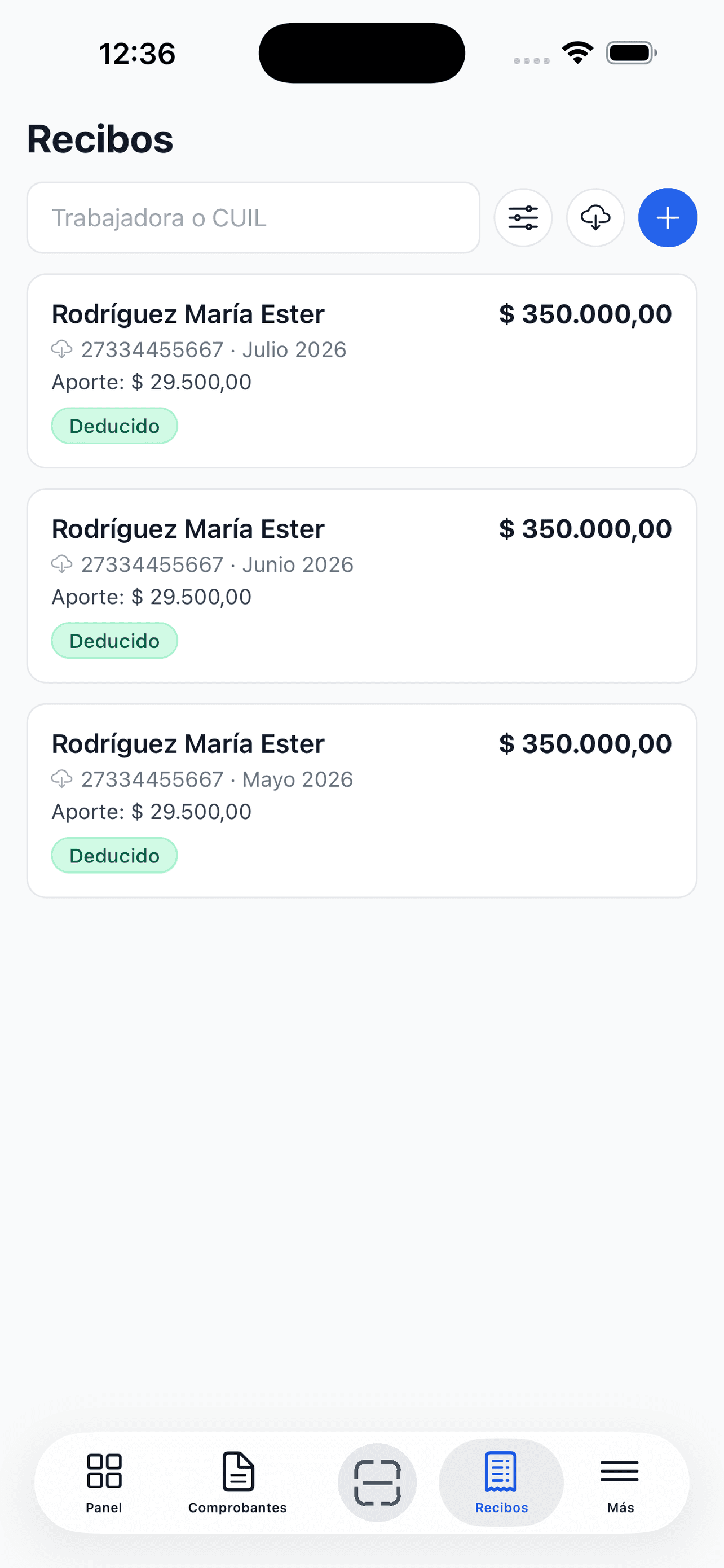 Recibos de personal doméstico en la app de desgrava.ar para iPhone